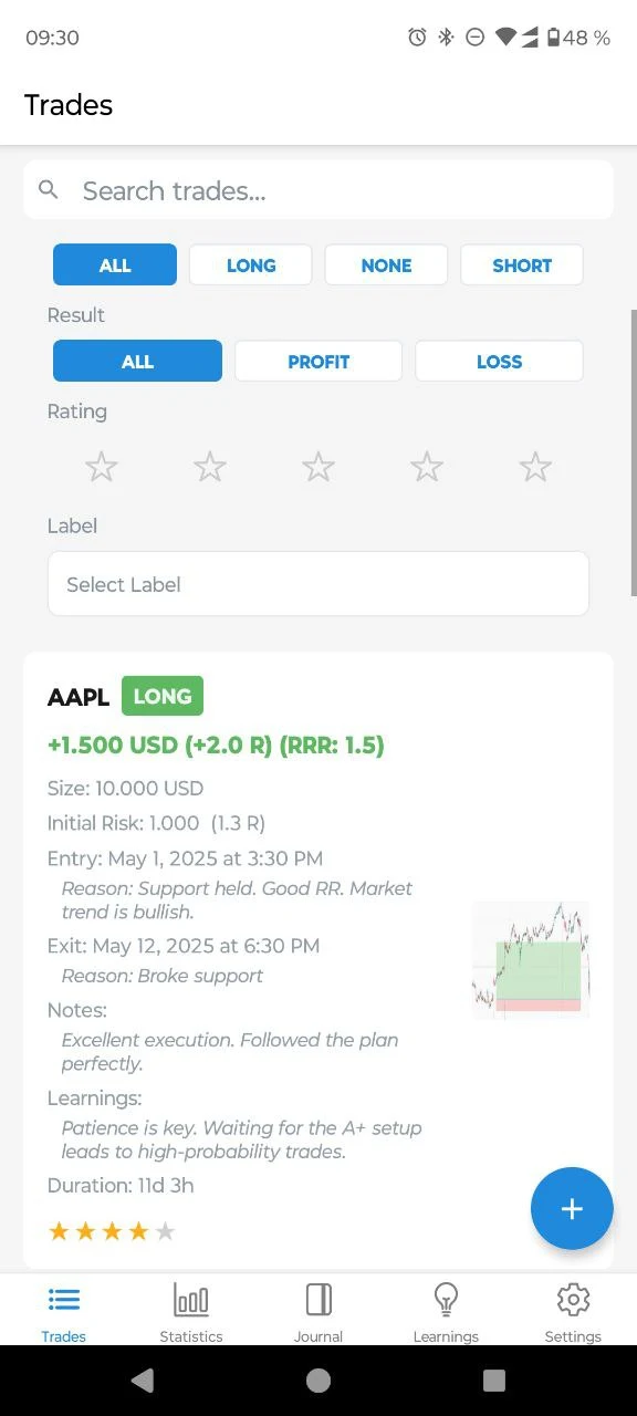 Trading Journal App Screenshot - Android Trading Diary Interface