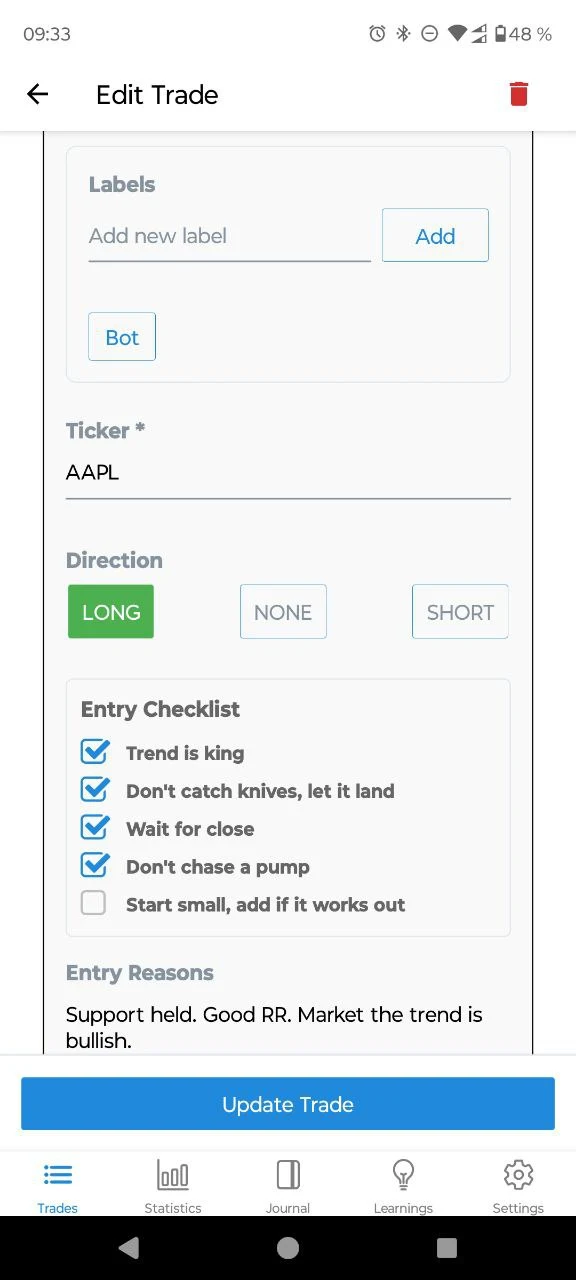 Trading Journal App Interface - Trade Entry and Management